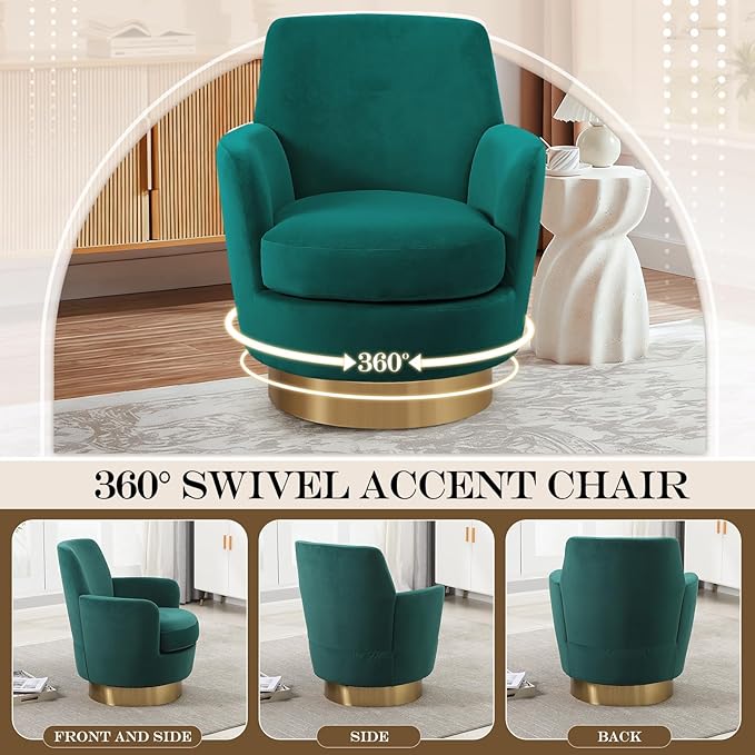360° Swivel Barrel Chair Set of 2 28.3 Modern Velvet Round Accent Chair Comfy Upholstered Small Armchair with Gold Metal Base for Living Room Bedroom Nursery Office Sillas para Sala Emerald