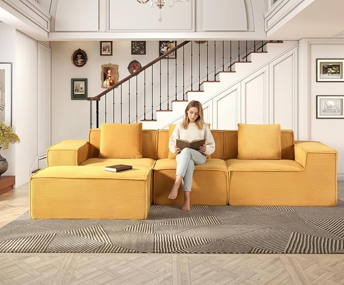Harper Convertible Corduroy Sectional Couch with Ottoman &amp Pillows Modular L Shaped Sleeper Sofa Boneless Cloud Couch for Living Room Furniture Ginger Yellow