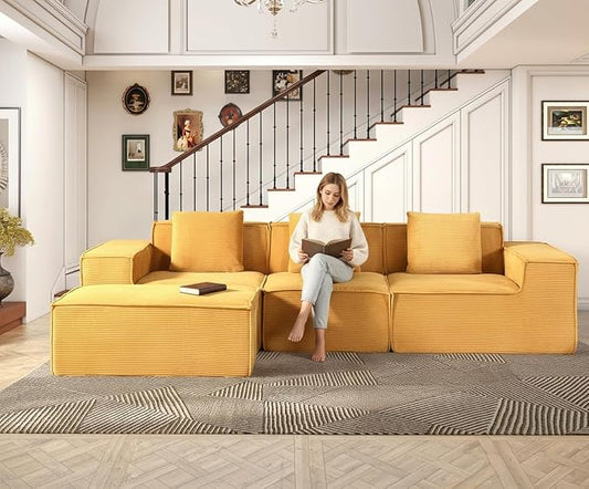 Harper Convertible Corduroy Sectional Couch with Ottoman &amp Pillows Modular L Shaped Sleeper Sofa Boneless Cloud Couch for Living Room Furniture Ginger Yellow