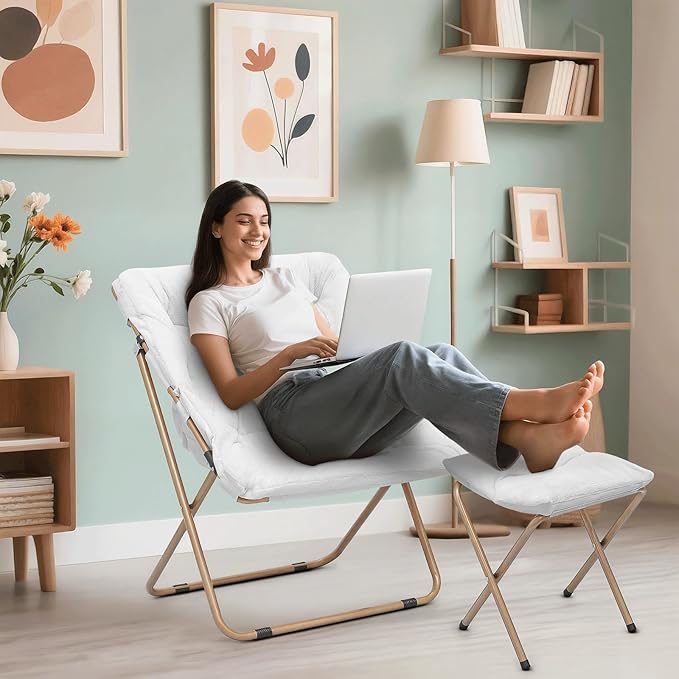 Cozy Saucer Chair Living Room Chair Faux Fur Soft Thick Padded Folding Chair Comfortable Square Moon Chair for Living Room Bedroom Reading Nook Modern Style 2 Pack White