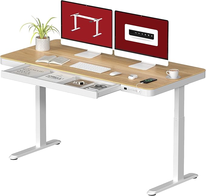SANODESK Standing Desk with Drawer Electric Height Adjustable Home Office Desk with Storage &amp USB Ports 55 inch Maple Wood Tabletop/White Frame