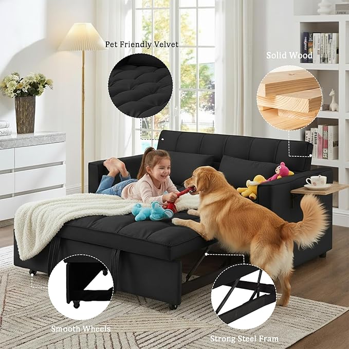 3 in 1 Convertible Sleeper Sofa Bed Pull Out Couch Bed with USB Ports Foldable Tables &amp Phone Stand Adjustable Backrest Velvet Loveseat Futon Couch for Living Room Bedroom Samll Space Black
