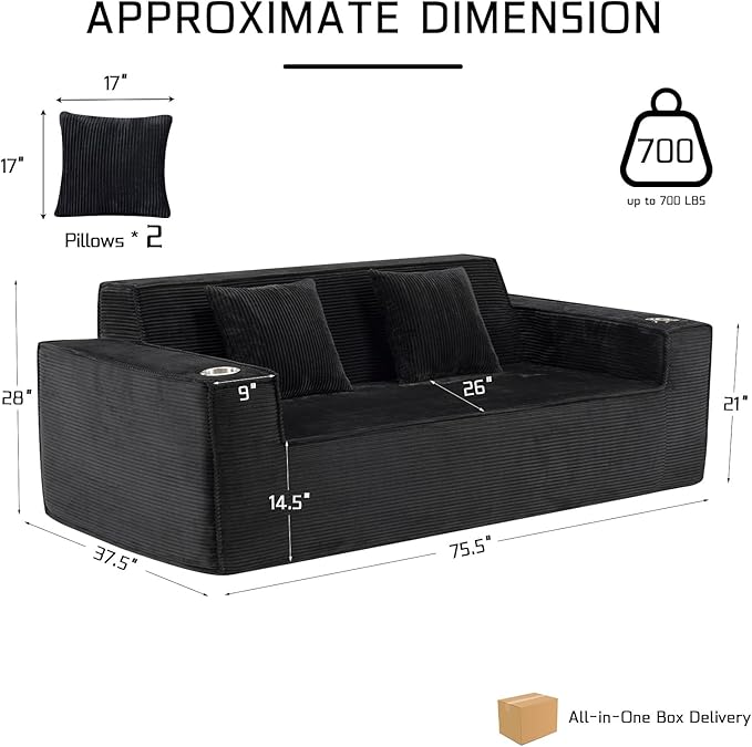 75 Cloud Boneless Loveseat Couch – No Assembly Required Corduroy Sofa with Cup Holders High-Density Memory Foam 3 Seater Comfy Couches for Living Room Bedroom Apartment Black