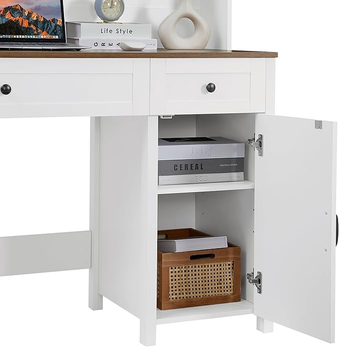 47 Farmhouse Executive Desk with Drawers Wood Home Office Desk wCharging Station File Drawer Storage Cabinet Rustic Computer Writing Desk (Antique White)