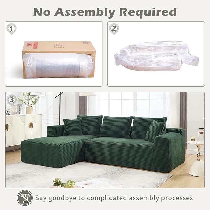 108.3 Modular Sectional Sofa Couches for Living Room Modern Boneless Couch Cloud Foam Floor Upholstered Sofa with Chaise L-Shape Couch for Bedroom Left Facing Chaise Green