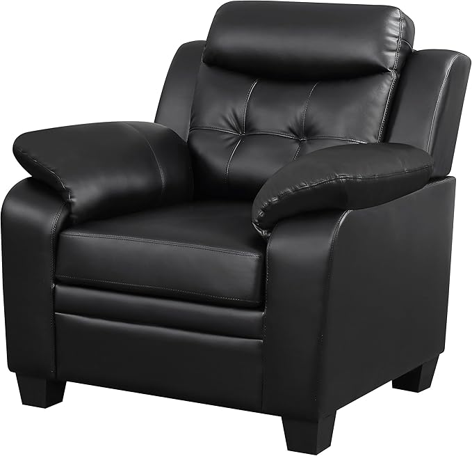 BOWERY HILL Contemporary Tufted Upholstered Accent Chair Black Leatherette 40 H x 39.5 W x 36 D Plush Headrest and Armrests Solid Wood Frame Stylish Living Room or Office Seating