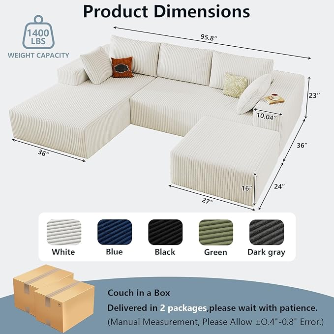 96 W Cloud Sectional Couch with OttomanModern U-Shaped Cloud Couch with Deep SeatComfy Corduroy 3-Seater SofaMemory Foam Sofa for Living RoomNo Assembly (WhiteLeft-Facing Chaise)