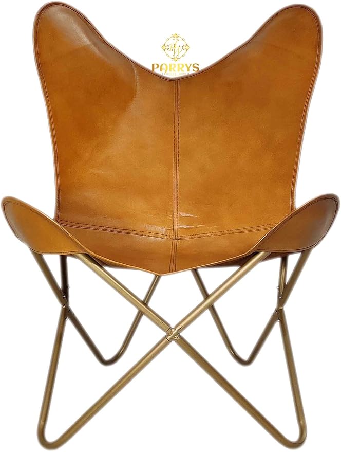 Handmade Brown Leather Butterfly Chair with Ottoman - Powder Coated Iron Frame Foldable Chiar Stool for Outdoor Indoor