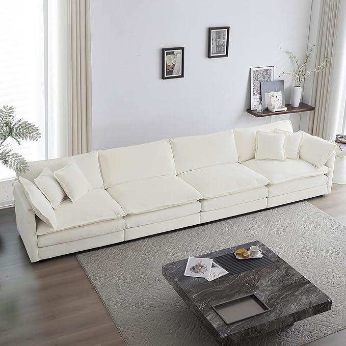 kevinplus 146.5'' Modular Sectional Sofa Couch with Ottoman for Living Room Modern Contemporary U-Shaped Sofa Couch for Apartment Office Chenille Fabric White (4-Seat Couch + 2 Ottoman)