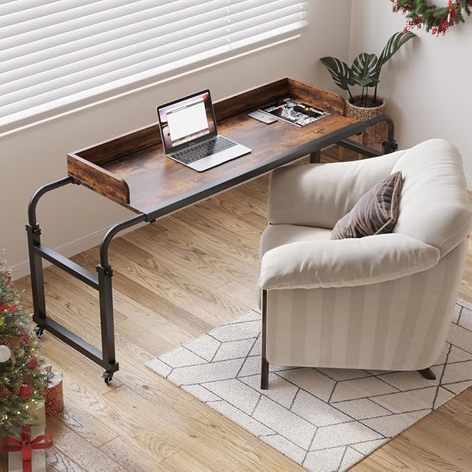 Overbed Table with Wheels Bed Desk Recliner Table Adjustable Height Laptop Table Queen King Size Over The Bed Table with Wheels &amp Heavy Duty Metal Leg Laptop Desk for Recliner (Rustic Brown)