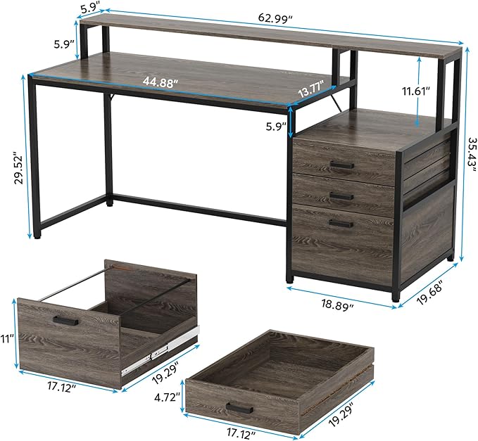 LITTLE TREE 63 Inch Computer Desk with File Drawer Cabinet Home Office Desks with Ergonomic Monitor Stand