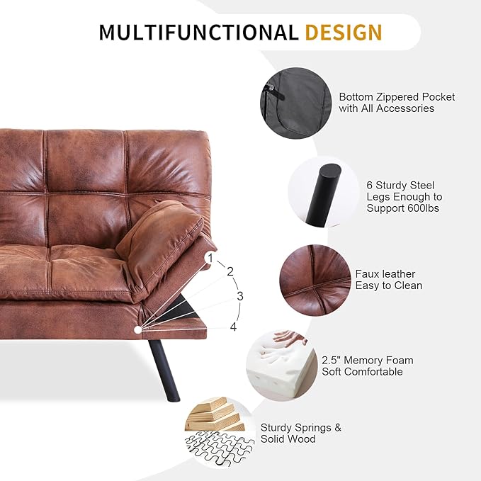 MUUEGM Faux Leather Futon Bed Convertible Memory Foam Sofa Bed Modern Love Seat for Living RoomCompact SpaceApartmentOfficeAdjustable Backrests Armrests Couch Sleeper71 Sofas Brown