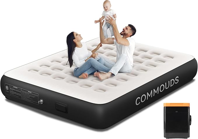 COMMOUDS Queen Air Mattress with Built-in Battery Powered Removable Pump 13 High Inflatable Mattress Portable Blow up Mattress Air Bed for Camping Home and Guest