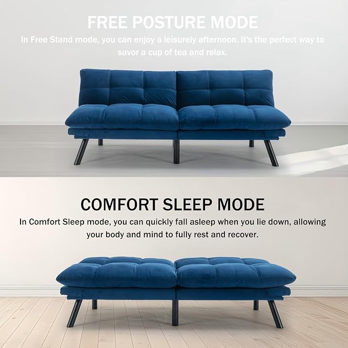 Convertible Futon Double Sofa Bed2 in 1 with Adjustable Backrest Memory Foam Loveseat for Living Room Bedroom Office Apartment Compact Sofa(Blue)