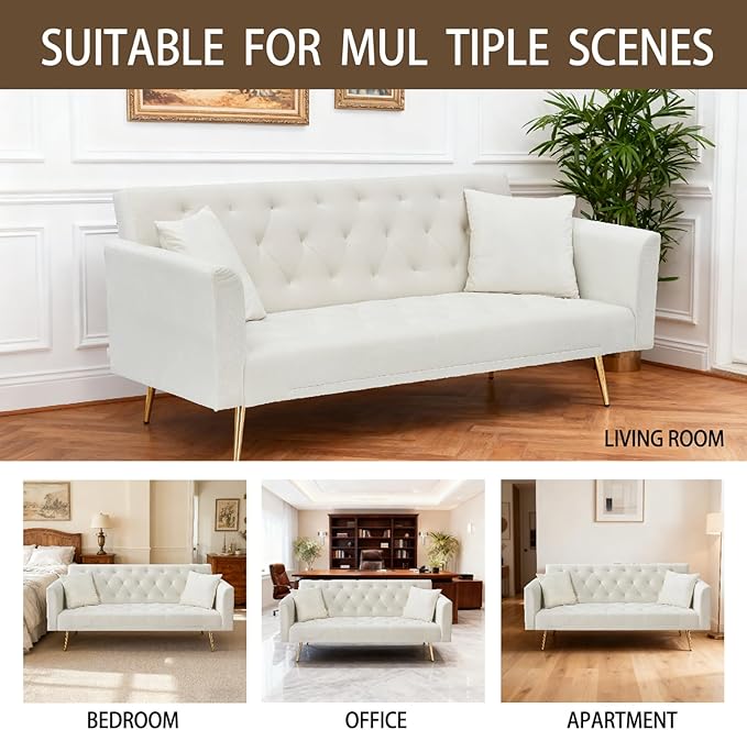71 Velvet Futon Sofa Bed Convertible Sleeper Couch with 2 Pillows - Modern Loveseat Small Sofa 3-Angle Adjustable Backrest Golden Metal Legs for Living Room Bedroom Apartment Easy Assembly (Beige)