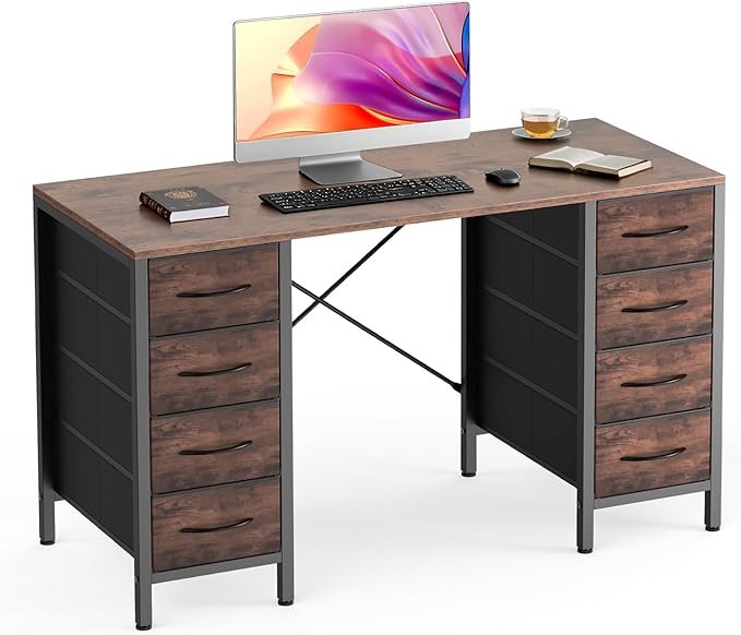 Sweetcrispy Desk with 8 Fabric Storage Drawers Computer Office 47 Inch Gaming Writing Study Table with X-Shaped Reinforced Structure for Home Office Bedroom PC Desk Brown