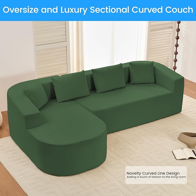 PUREMIND 98 L Shaped Sectional Couches for Living Room Boneless Comfy Modern Sofa Cloud Sectional Modern Sleeper Couch with Chaise for Bedroom Apartment No Assembly Required (Green)
