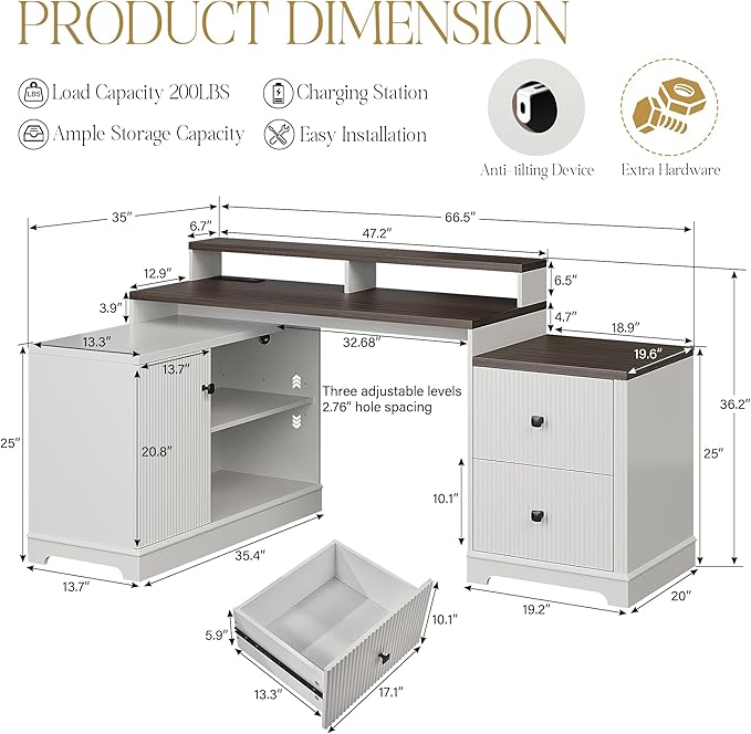 67 L Shaped Executive Desk with Drawers &amp Storage Shelf Corner Computer Desk with Power Outlets Home Office Desk with Monitor Stand Printer Shelf Computer Writing Desk for Work Antique White
