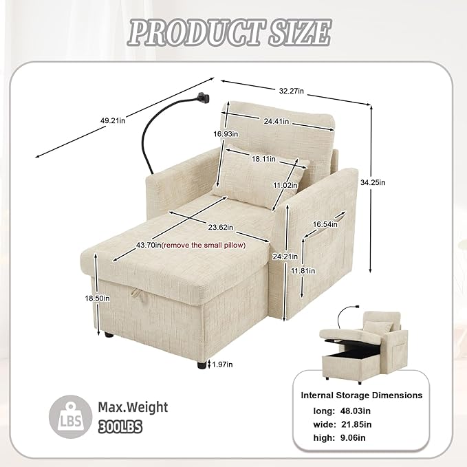 32 Comfy Chaise Lounge Sofa Bed Chair with Storage Side Pockets Phone Holder &amp 2 Pillows Modern Chenille Upholstered Sleeper Sofa Leisure Chair for Living Room Bedroom Small Spaces (Beige)