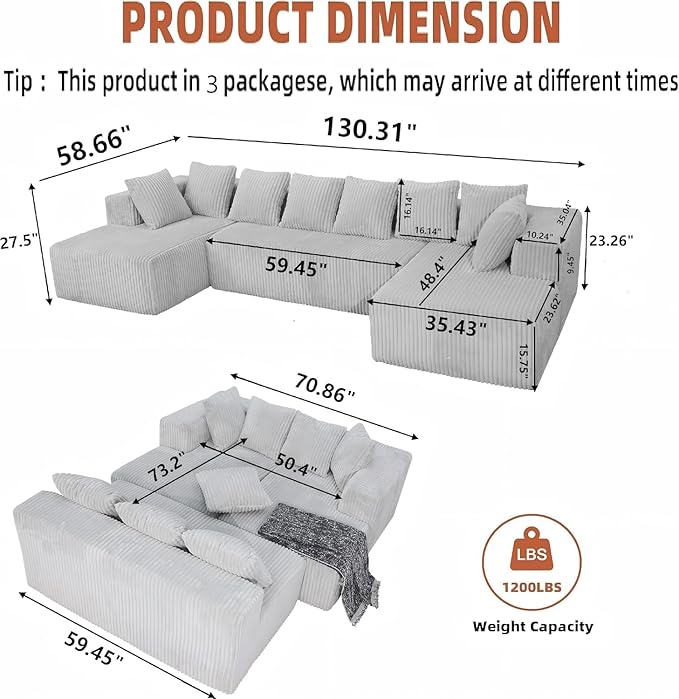 130 Modular Cloud Sectional Sofa with Chaise Deep Seat Plush Boneless Couch with Memory Foam Comfy Fluffy Couch U-Shaped Sectional Couches for Living Room No Assembly Required Grey