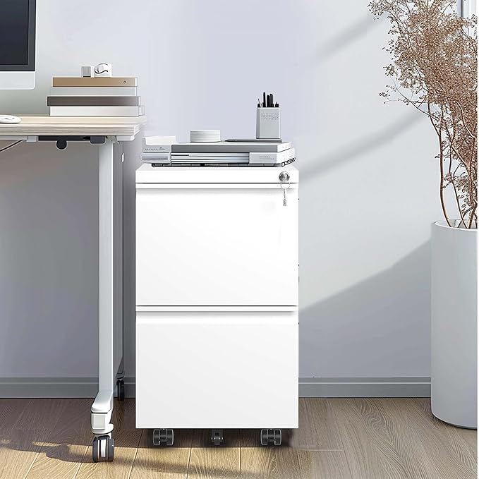 2 Drawer Small Metal Mobile File Cabinet with Lock Rolling Filing Cabinet for Home Office Under Desk Locking Storage Drawers OrganizerAntiqueWhite