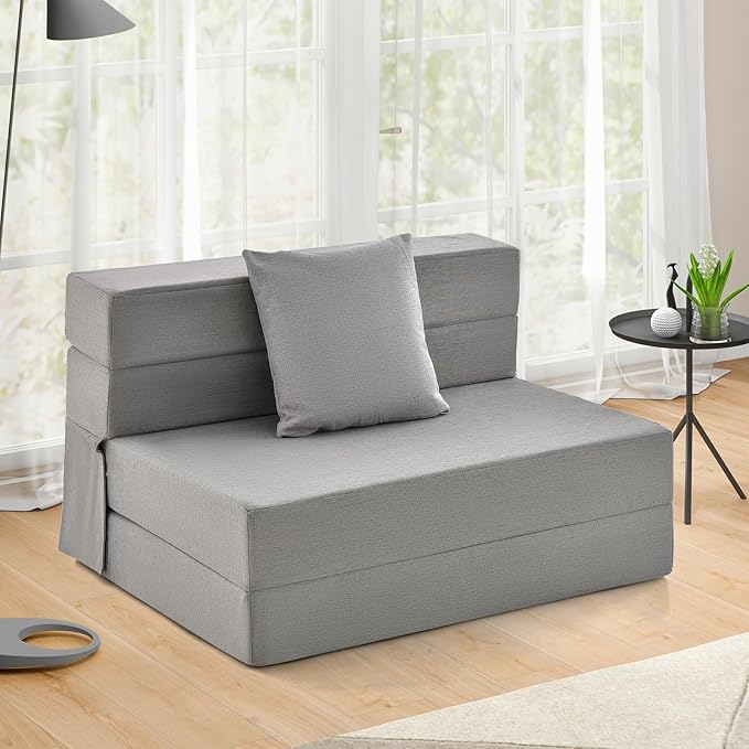 Giantex 6 Inch Folding Sofa Bed Couch with Pillow Tri-fold Mattress with High-Density Foam Foldable Floor Couch with Headrest Portable Guest Bed with Zippered &amp Washable Cover Grey