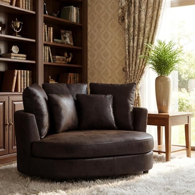 54.9''W Oversized Accent Barrel Chair Upholstered Faux Leather Comfy Couch Sofa with 5 Pillows for Bedroom Living Room Apartment Studio Brown.