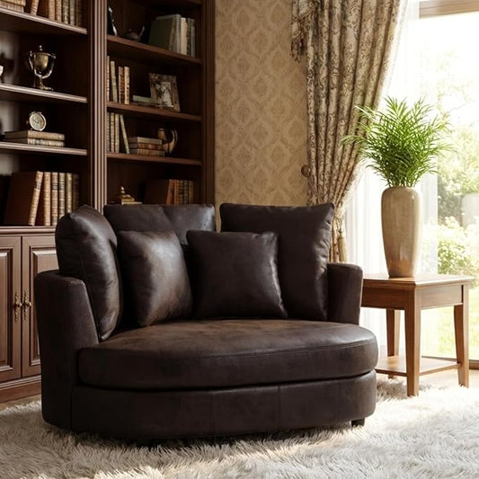 54.9''W Oversized Accent Barrel Chair Upholstered Faux Leather Comfy Couch Sofa with 5 Pillows for Bedroom Living Room Apartment Studio Brown.