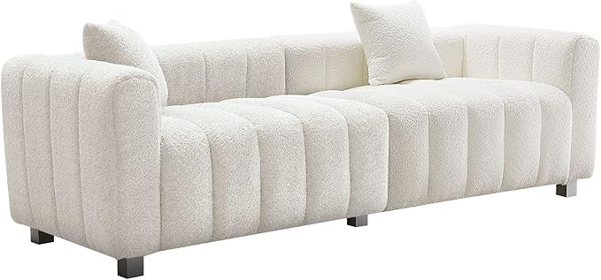 87.4'' Modern 3-Seater Sofa Bubble Couch for Living Room Premium Teddy Velvet Deep Seat Sofa Couch Fluffy Loveseat Sofa with 6 Metal Base Legs for Bedroom/Home/Office (White)