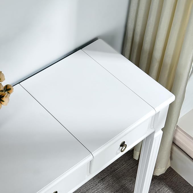LEEMTORIG 31.5 Solid Wood Small Vanity Desk with Flip-top Mirror Compact Wooden Writing Desk with Drawers 3 in 1 Secretary Desk/Dressing Table/Nightstand for Small Space White SZT-D0036-WT