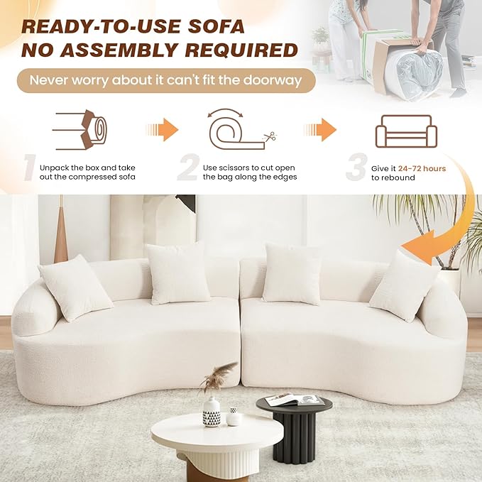 110 Curved Sectional Sofa for Living Room Modern Oversized Plush Chenille Cloud Round Deep Seat Compressed Boneless Couch with 4 Throw Pillows for Apartment No Assembly Needed White