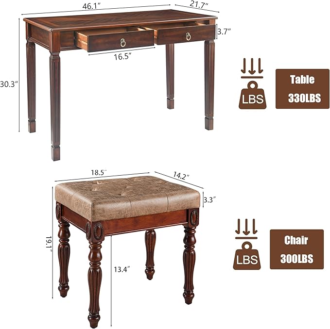 Solid Wood Makeup Vanity Table Set 46.1 Large Dressing Vanity Table with 2 Drawers and Vanity Bench Stool Writing Desk with Solid Wood Legs &amp Button Tufted Cushioned Stool Cherry&ampLight Brow
