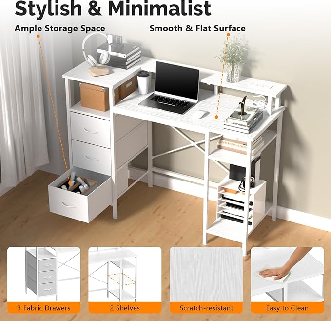 VINGLI 47 Inch L-Shaped Computer Desk Small Computer Gaming Desk with Fabric Drawers &amp Storage Shelves Charging Station Monitor Stand for Home Office White