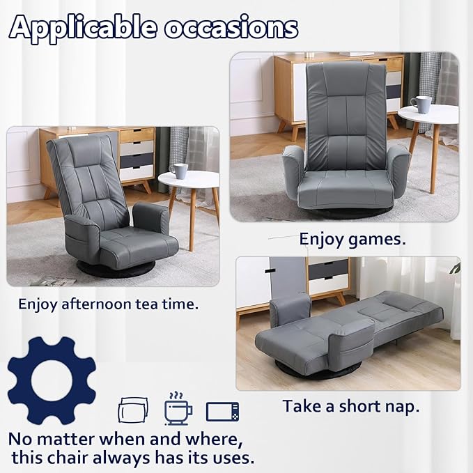 360 Degree Swivel Floor Chairs for Adults Faux Leather Gaming Floor Chair with Back Support 14 Angles Adjustable Comfortable Floor Lounge Chair Folding Video Game Chairs Office Bedroom