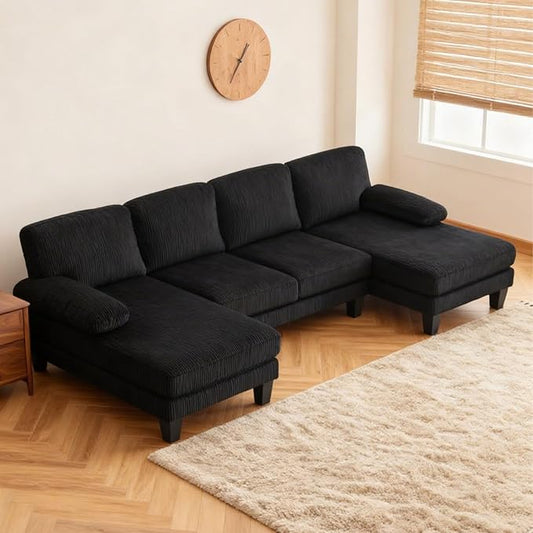 Karl home U-Shape Sectional Sofa Couch 111 Modern 4-Seat Sofa with Chaises Corduroy Fabric Upholstered Covertible Couch with Wood Grain Legs for Living Room Reception Room Apartment Black