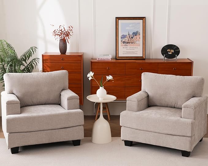 Oversized Accent Chair Set of 2Upholstered Armchair with Armrest OrganizerComfy Living Room Chairs with 7.8'' CushionLarge Reading Chairs for Bedroom Living RoomOfficeChenilleKhaki