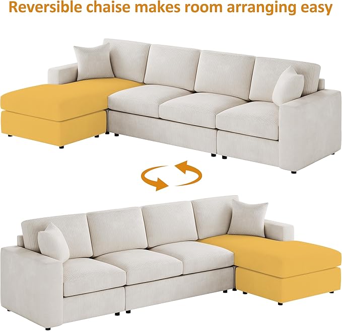 VANOMi 119 L-Shaped Sectional Sofa with Reversible Chaise Modern Corduroy Couch with Deep Seats 4-Seater Upholstered Sofa for Living Room or Apartment Beige