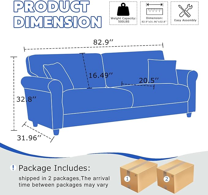 82.48 Velvet Upholstered Sofa Couch3 Seater Couch Loveseat Sofa Furniture Comfy Couches for Living Room Bedroom Small Space(Beige White)