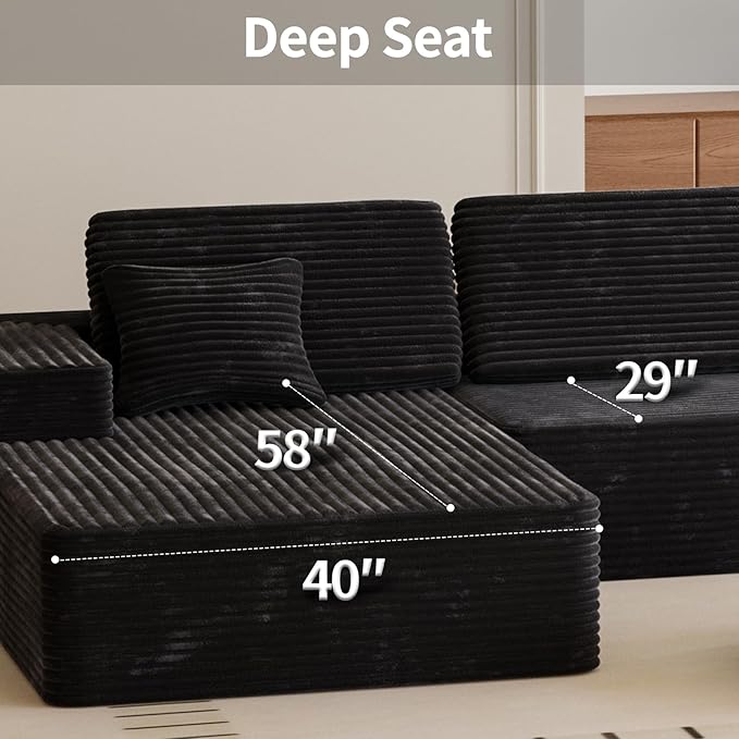 109 L Shaped Cloud Modular Sectional Couch w/Lounge Chaise Plush Corduroy Boneless Couch in a Box Comfy Modern Modular Sectional Sofa for Living Room Bedroom Apartment Corner (Black Left Facing)