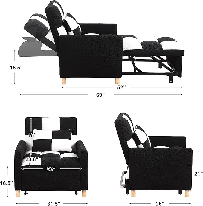 Convertible Sleeper Sofa Chair Bed3-in-1 Sleeper Chair Bed with PillowPull Out Single Armchair Sofa Bed with Adjustable Backrest Multi-Functiona Lounge Chair for Living Room (White/Black)