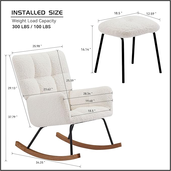 Modern Rocking Chair with High Backrest Armrests Ergonomic Design Lounge Recliner Chair for Living Room Bedroom Playroom Beige with Soft Seat