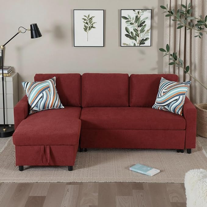 Convertible Sofa Bed Couch 2 Seat Solid Wood Sectional Couches for Living Room with Storage Sleeper Sofa Couch with Pullout Bed for Apartment Red