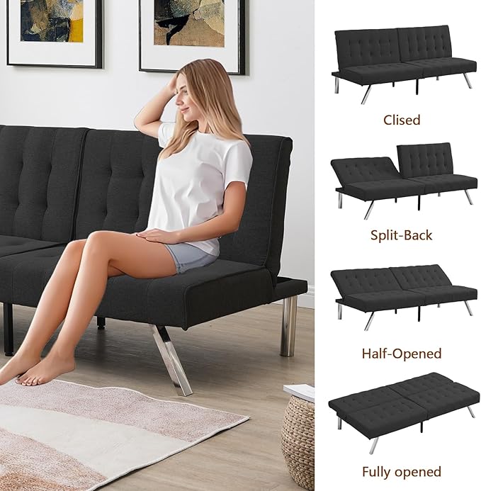 Modern Convertible Futon Sofa Bed Adjustable Loveseat Futon Couch with Metal Legs Upholstered Sofa Bed with Wood Frame Sleeper Couches for Small Compact RV Living RoomOffice (Black-Fabric)