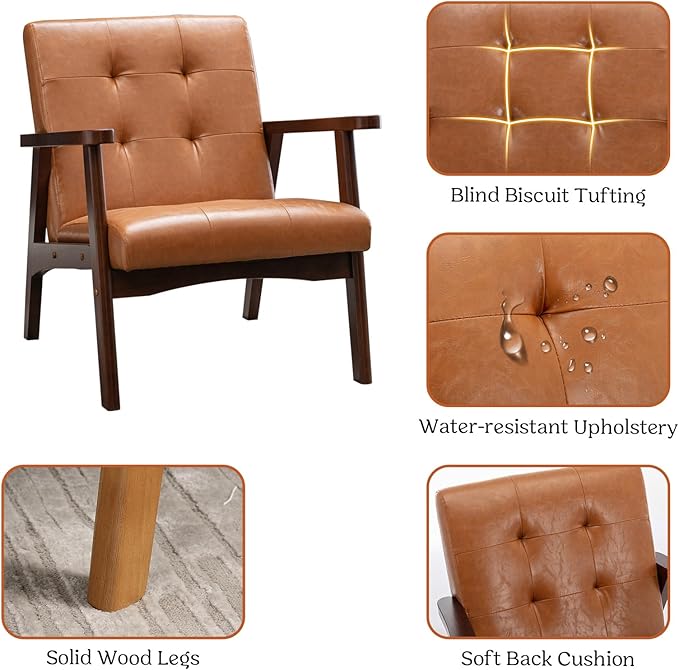 Accent Chair Mid Century Modern Chair for Living Room Comfy Faux Leather Armchair with Solid Wood Frame Soft Thick Padded Side Chairs Easy Assembly Set of 2 Brown