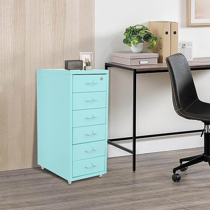 6 Drawer Mobile File CabinetVertical File Cabinet with Lock Metal Storage Cabinet for HomeOffice Horizontal Rolling Filing Cabinets for Letter/Legal/A4/F4 Hanging Files (Blue)
