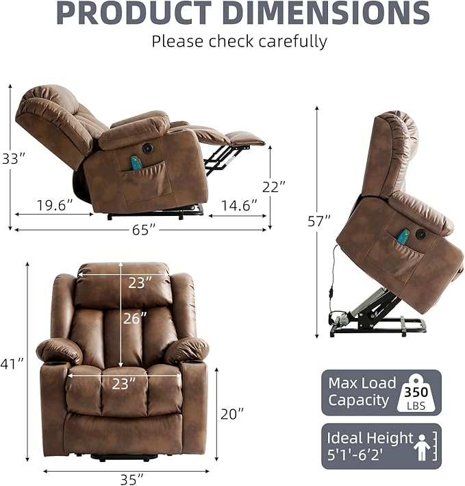 Power Lift Recliner Chair for Elderly Electric Recliner Chairs for Adults with Massage and Heat Cup Holders Remote Control USB Ports Side Pockets Leather (Ochre)