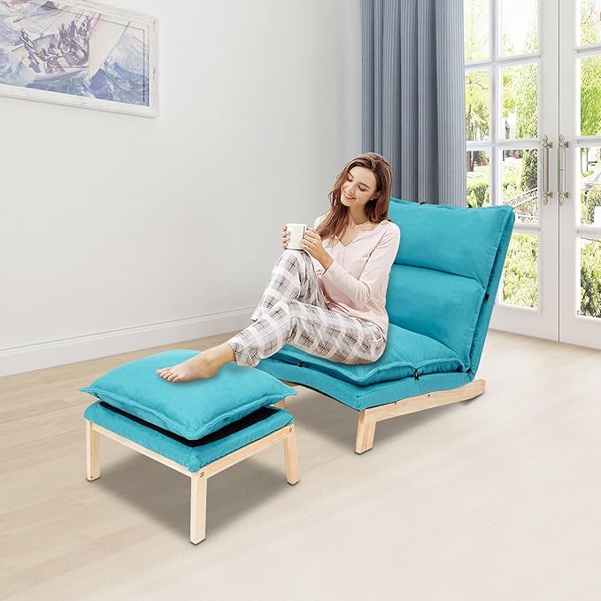 Single Lazy Sofa Lounge Chair with Footstool 5-Position Reclining Comfort for Living Room Balcony Japanese Tatami Floor Recliner Modern Leisure Recliner Indoor Use Blue