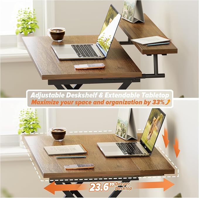 WOHOMO Folding Computer Desk with Adjustable Height 23.6 x 31.5 x 25.6 Foldable Table with Monitor Stand Small Office Desk for Bedroom Space Saving Desk for Home Office Easy Assemble Walnut