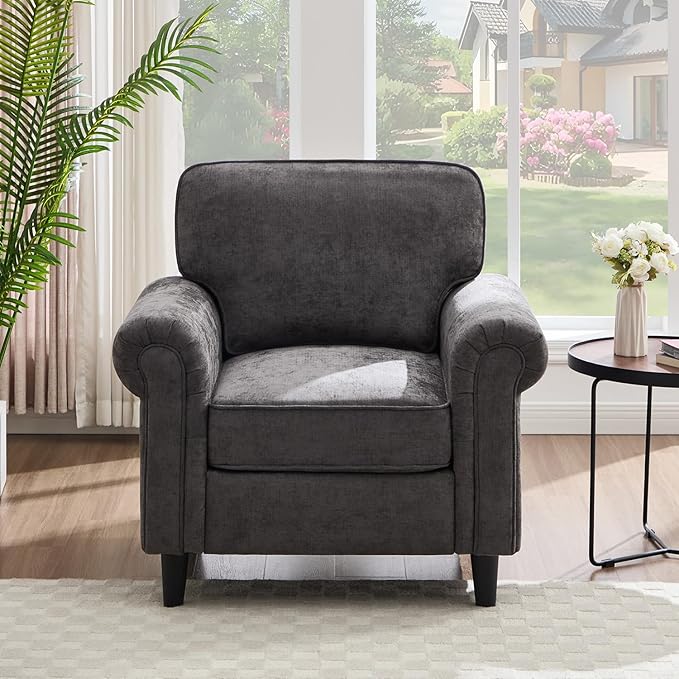 Kingfun Living Room Arm Chair Modern Accent Chairs Cloud Single Sofa Spring Seat Cushion Comfy Lumber Pillow Chenille Fabric Removable Cover Soft Upholstered Furniture Home Apartment Grey