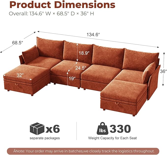 ABCASA 102.6 U Shaped Modular Sectional Couch Oversized Couch with 2 Storage Ottoman 24.5 Deep Seat Pet-Friendly Removable Backrest Cover Orange Chenille Large Couches for Living Room Bedroom